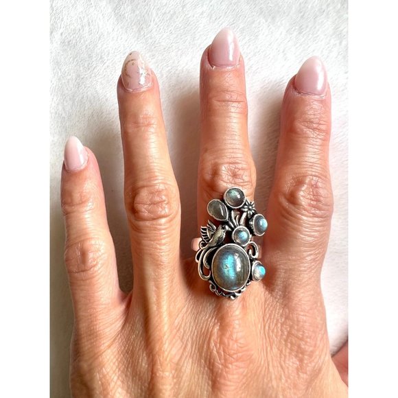 925 Bird + Flower Flash Labradorite Ring 6, 7, 8, 9 - Picture 3 of 6